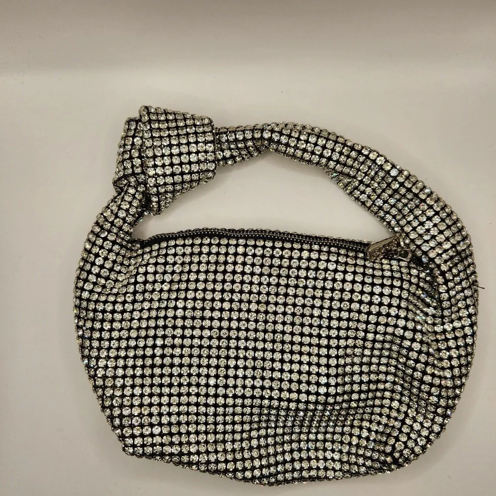 Olga Berg Crystal Mesh Knot Handle Evening Bag Silver Slouchy Clutch Purse Polly
